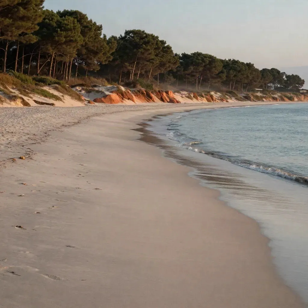 Costa ionica lucana al tramonto con pineta, spiaggia chiara e mare in bassa marea.