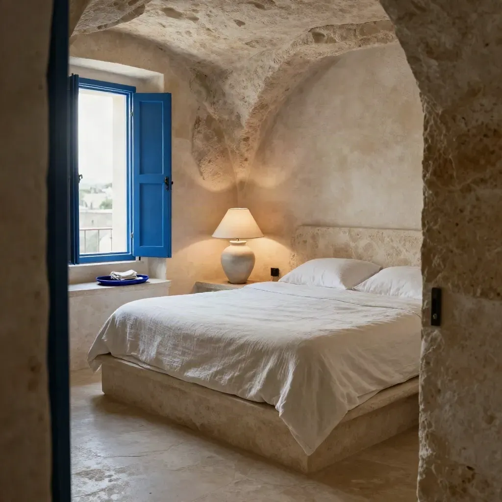 Suite rupestre elegante a Matera con letto rifatto e luce del mattino dalla finestra