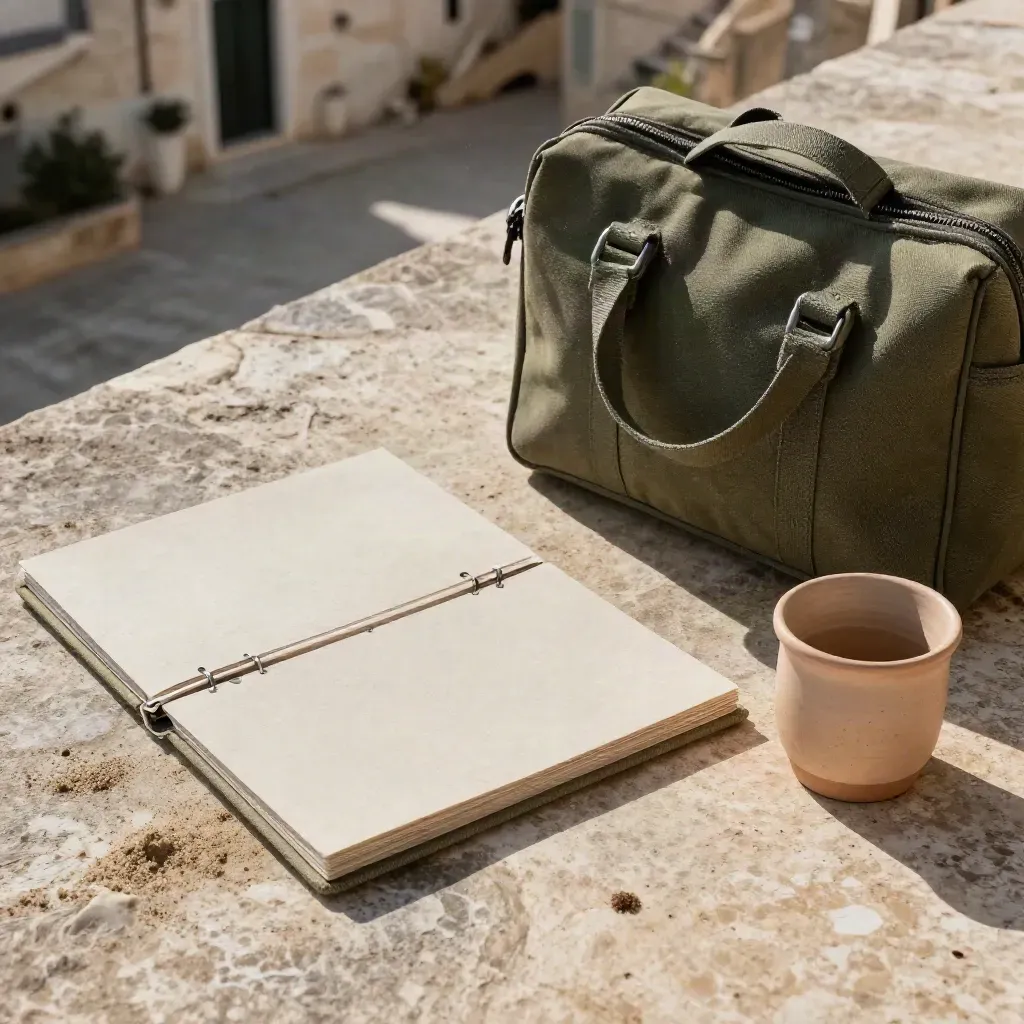 Folder in lino, due card itinerario e borsa da giorno su terrazza in pietra a Matera.