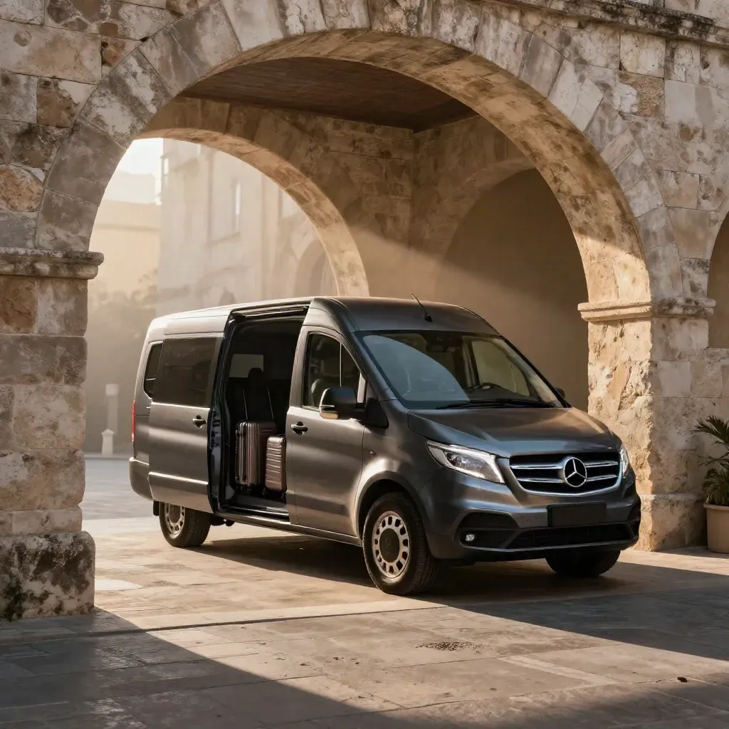 Minivan per transfer aeroportuale sotto un arco di pietra, con due valigie e luce serale drammatica.