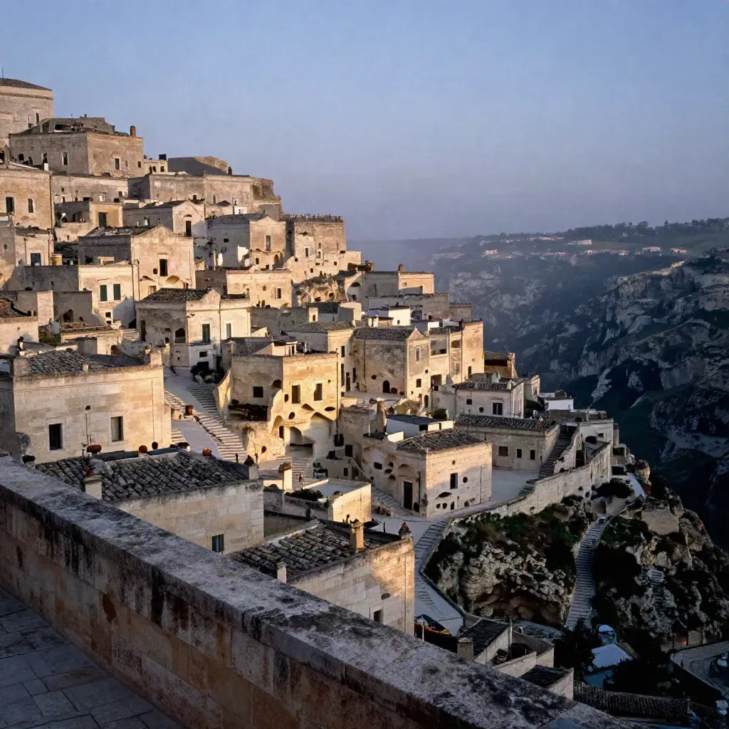 Matera all’alba con i Sassi illuminati dalla prima luce e avvolti nella nebbia