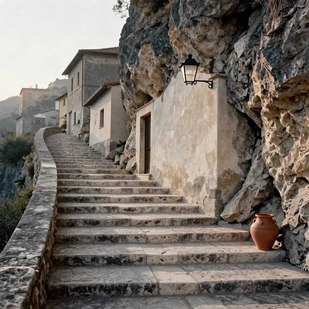 Scalone di Sasso Caveoso all’alba, con case nella roccia, lanterna e lieve foschia.