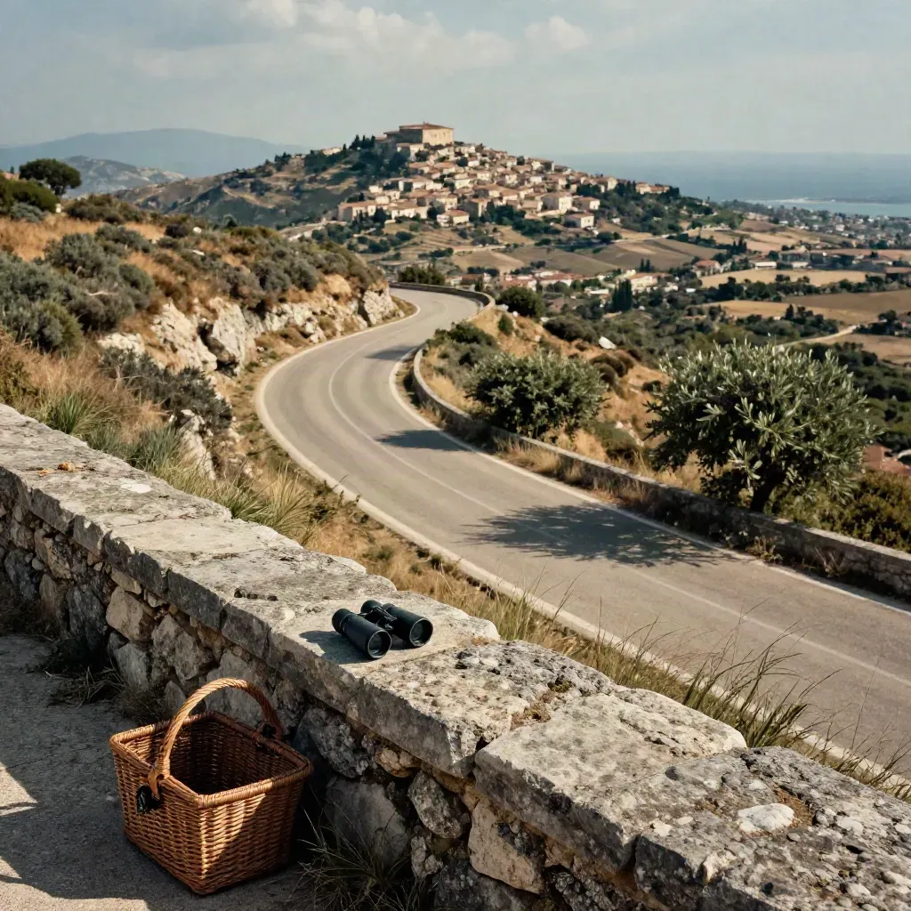 Strada lucana che sale verso un borgo collinare, binocoli e cestino da picnic su un belvedere.