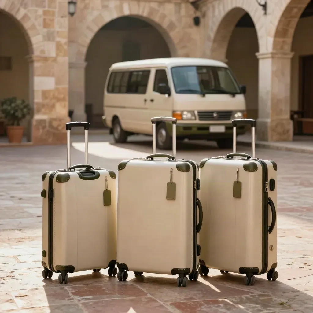 Tre valigie pronte in un cortile di pietra, con minibus sotto un arco luminoso.