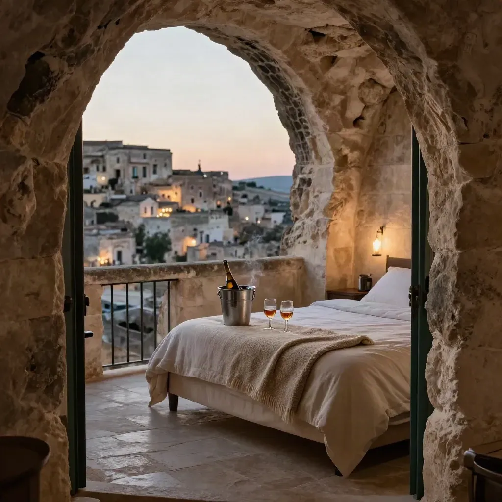 Suite scavata nella roccia preparata per una luna di miele, con bottiglia fredda, due calici e balcone su Matera.