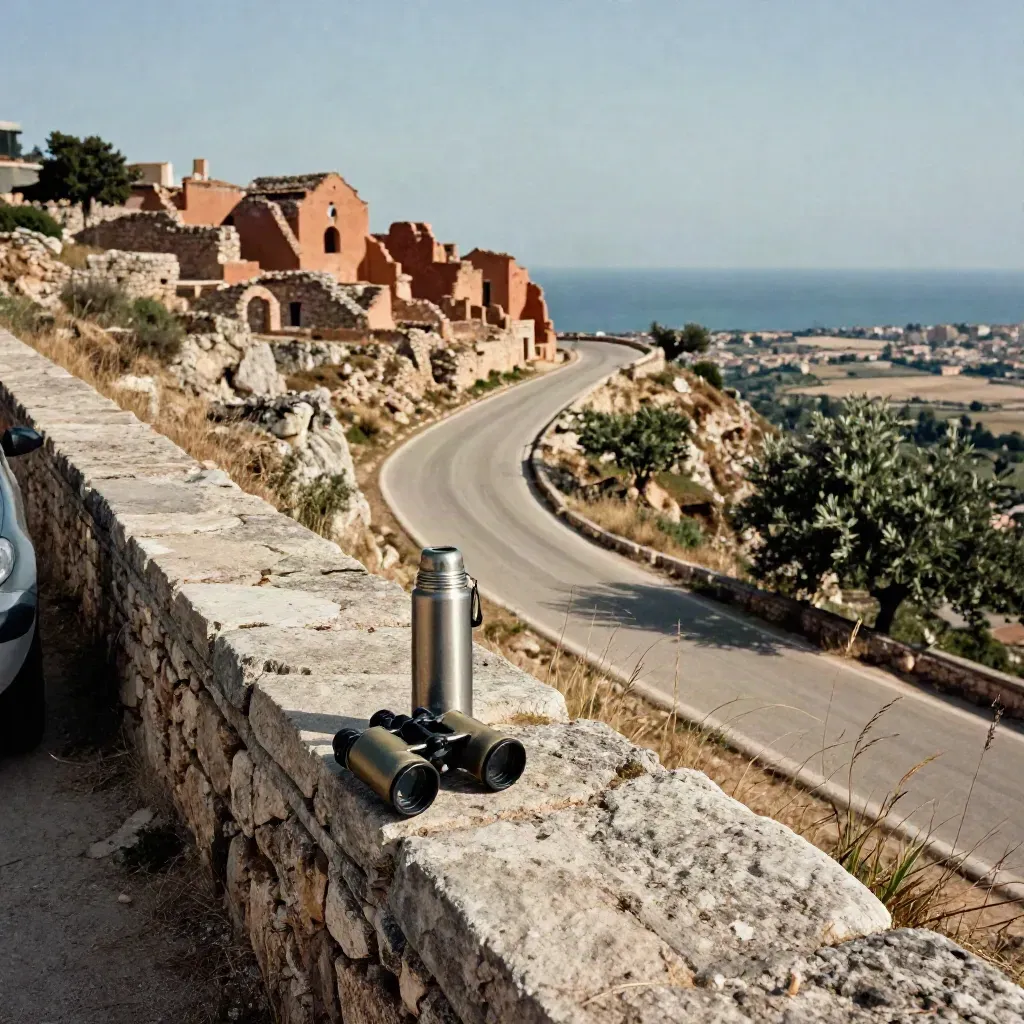 Auto parcheggiata con binocolo e thermos su muretto di pietra, tra Craco, la costa di Metaponto e calore estivo.