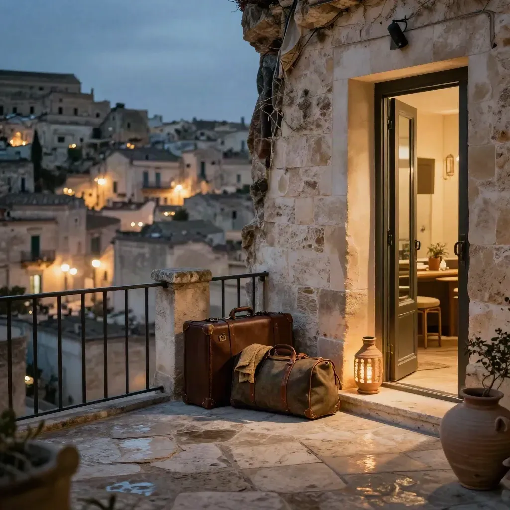 Terrazza di hotel-grotta a Matera con valigie pronte e luci notturne sui Sassi.