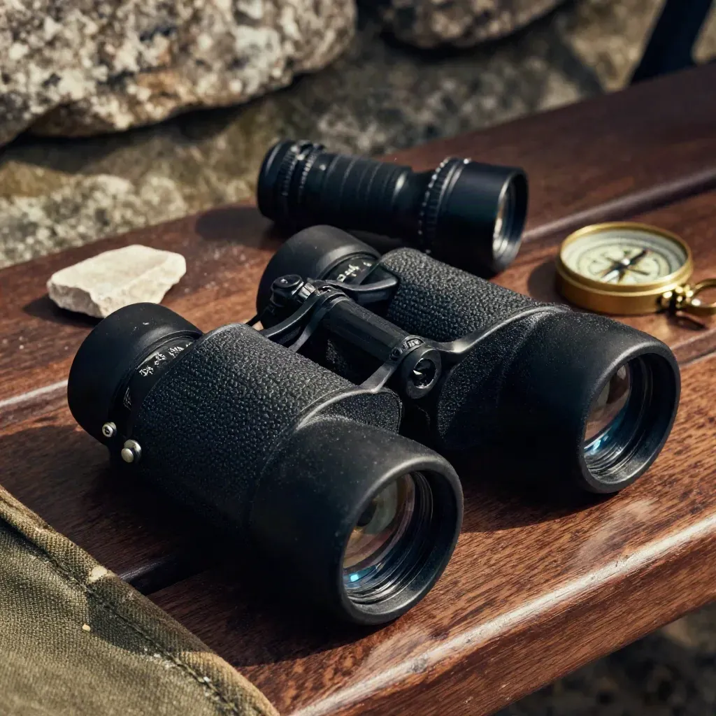 Binocolo, torcia e bussola su legno scuro con frammento di pietra calcarea, luce drammatica.