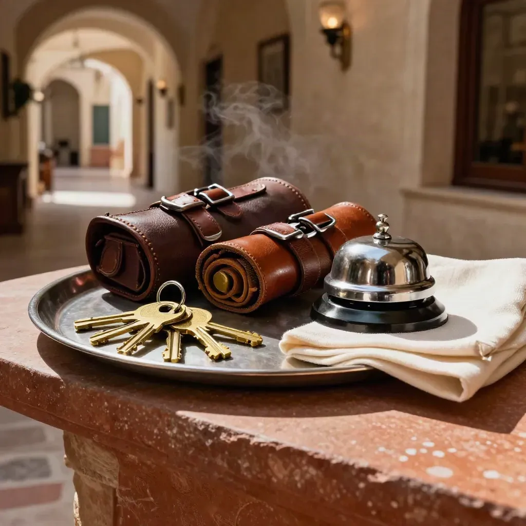 Chiavi, campanello e cinghie bagagli su un vassoio colazione in corridoio a Matera