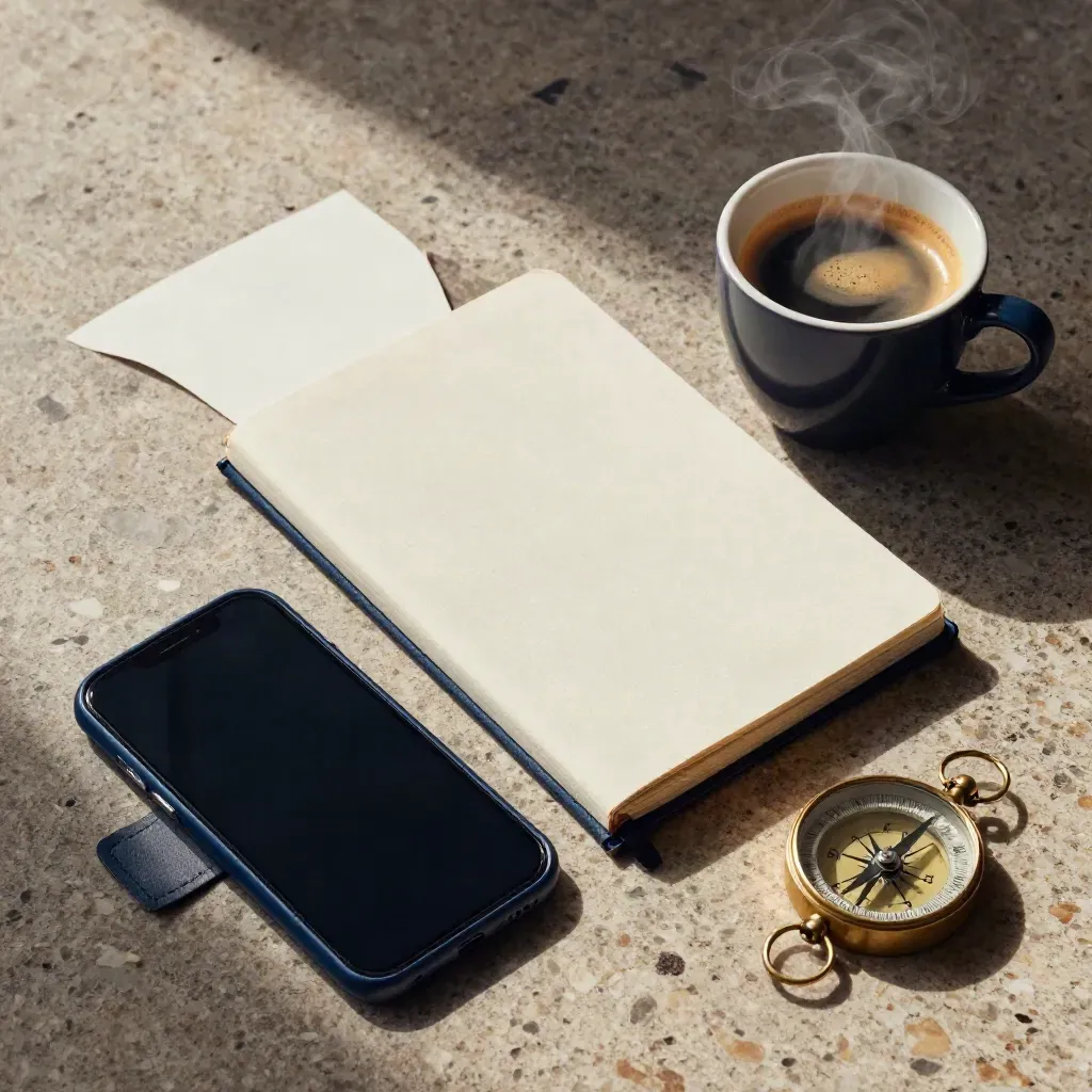 Smartphone, taccuino chiuso, tazza di espresso e bussola su pietra calda.
