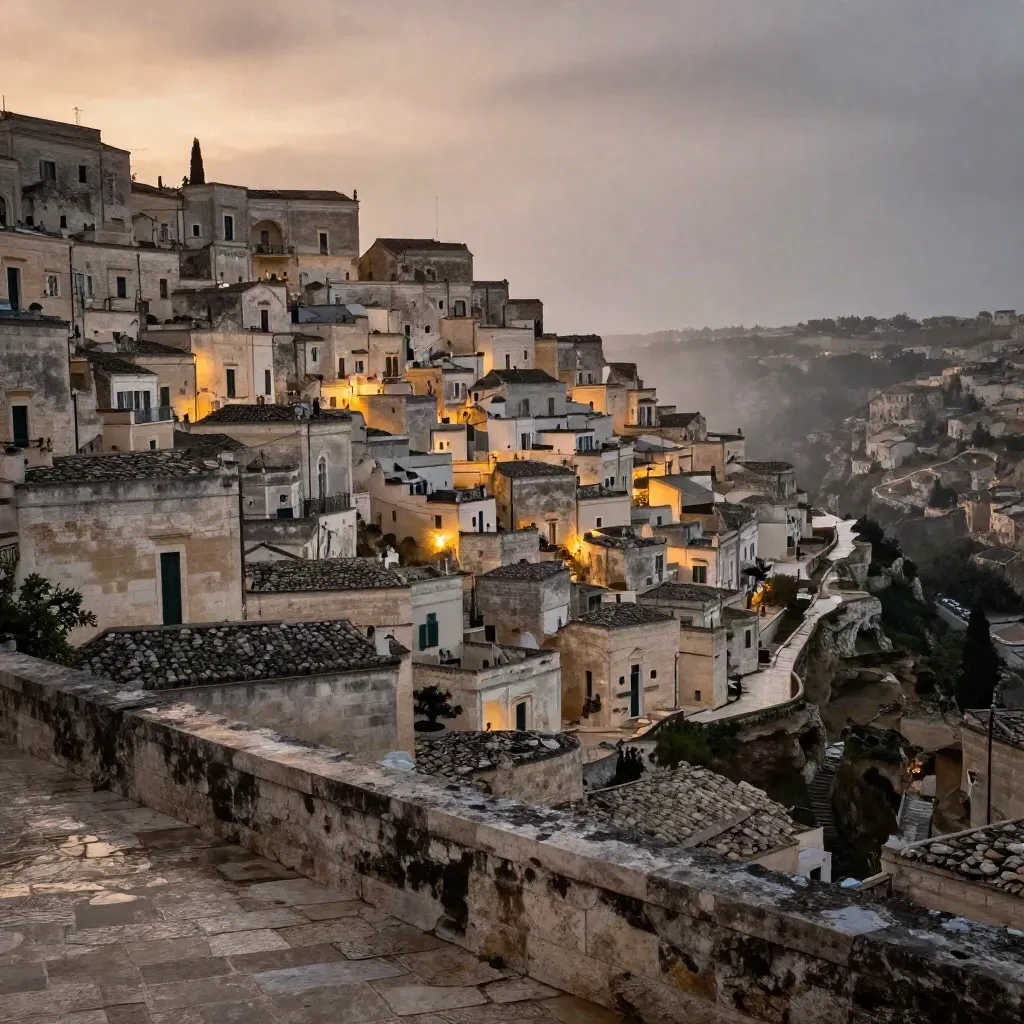 Vista ampia dei Sassi di Matera al tramonto, con la gravina in foschia dopo la pioggia.
