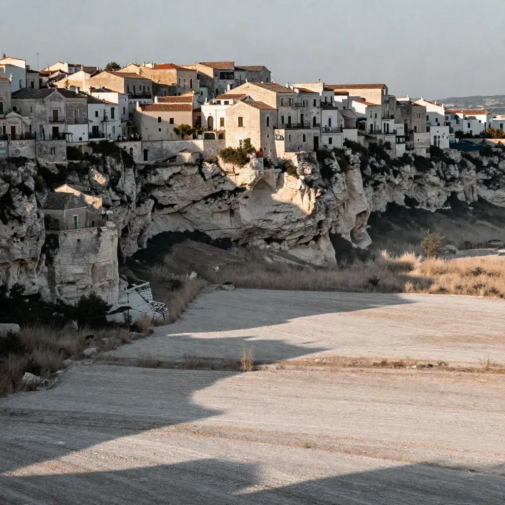 Canyon pugliese e borgo in alto, pianure chiare nella foschia