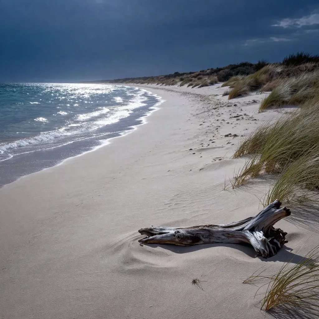 Costa ionica al crepuscolo, mare argenteo e dune basse su una spiaggia chiara.
